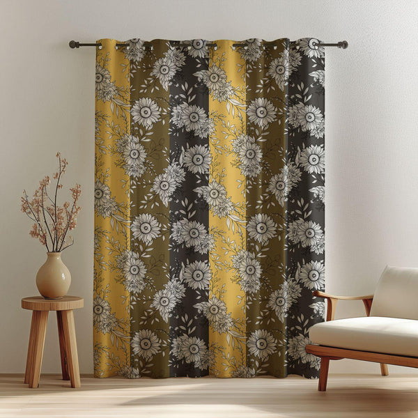 Sunflower Linen Curtain: Mustard & Black Floral Print - Modern Botanical Drapery