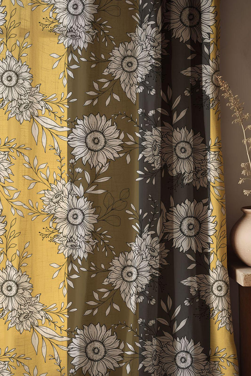 Sunflower Linen Curtain: Mustard & Black Floral Print - Modern Botanical Drapery