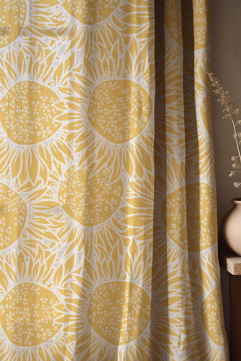 Yellow Sunflower Linen Curtain: Floral Botanical Window Panel