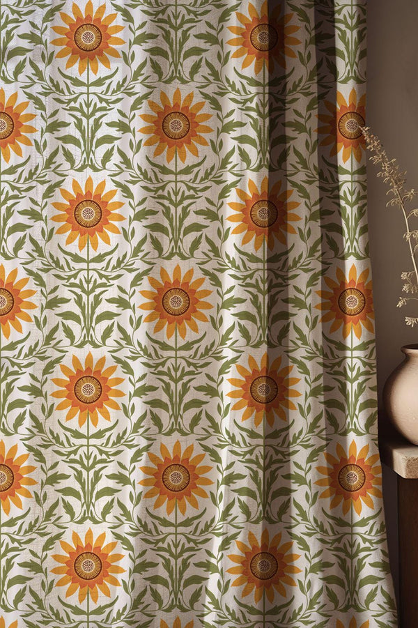 Vintage Sunflower Linen Curtain: Botanical Floral Drapery