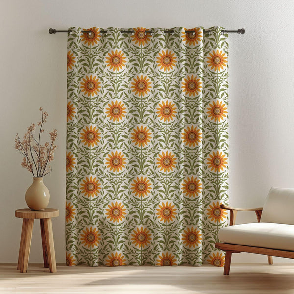 Vintage Sunflower Linen Curtain: Botanical Floral Drapery