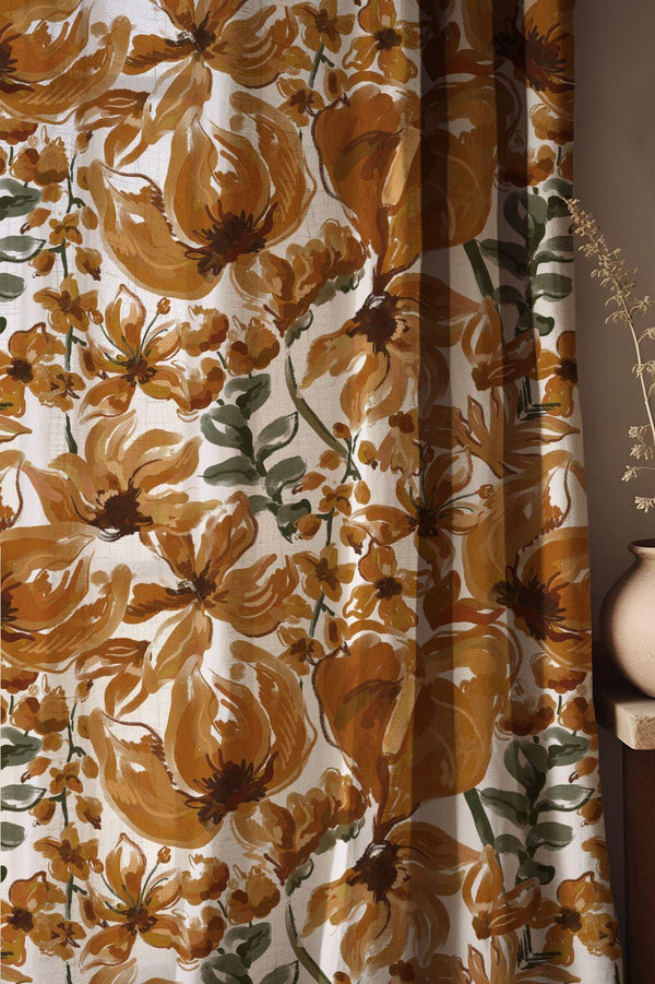 Rustic Floral Linen Curtain: Hand-Painted Style Botanical Design