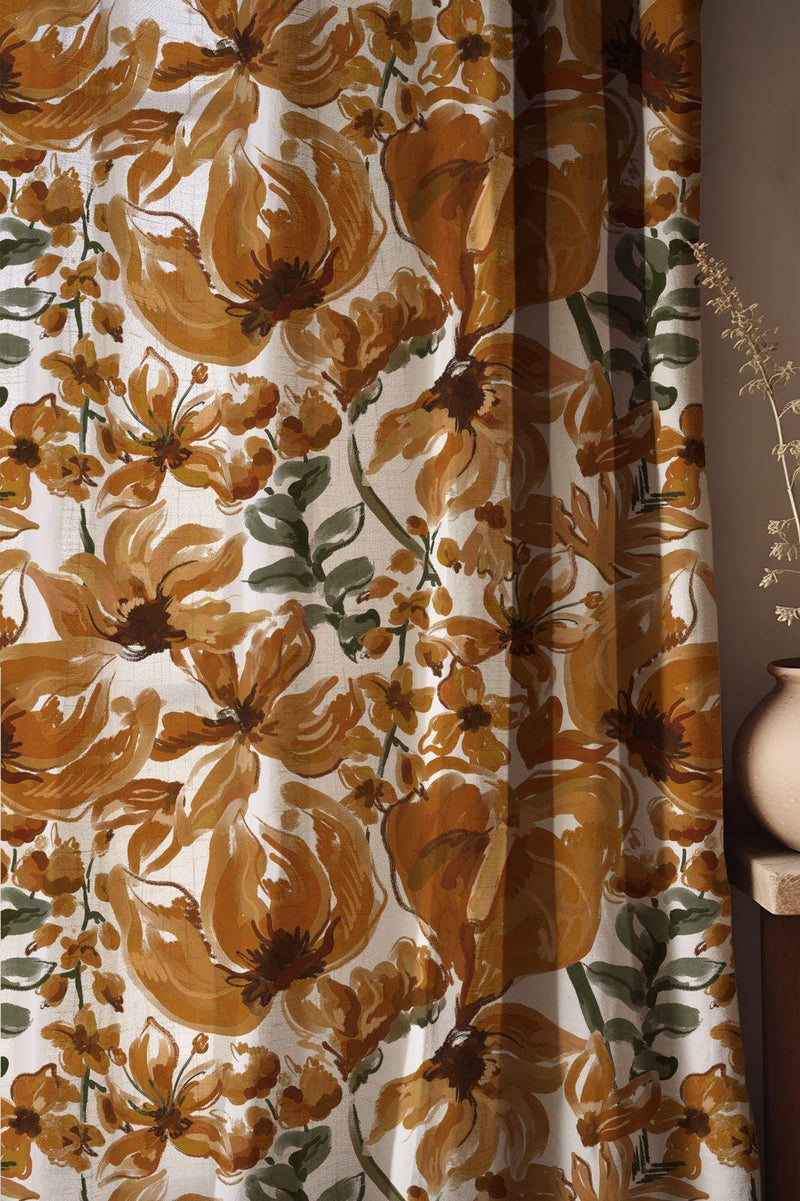 Rustic Floral Linen Curtain: Hand-Painted Style Botanical Design