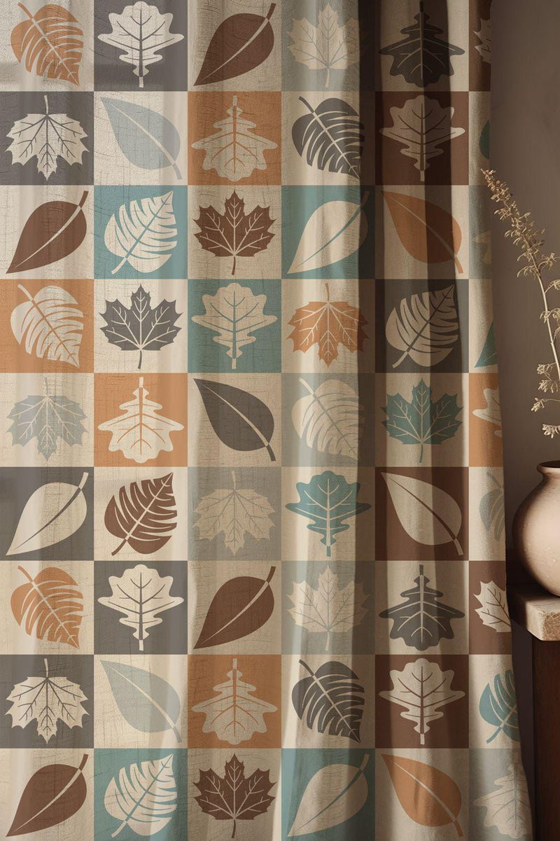 Autumn Leaf Print Linen Curtain - Geometric Fall Window Covering