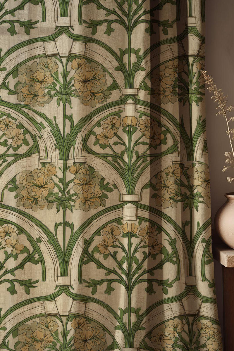 Art Nouveau Floral Linen Curtain: Green Botanical Arch Print
