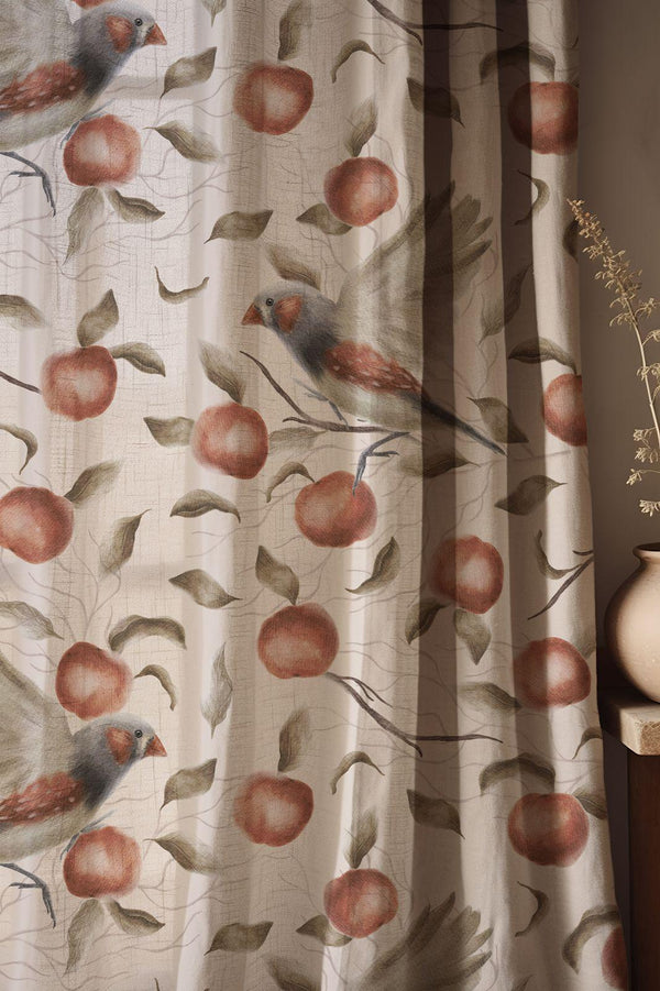 Bird and Peach Linen Curtain: Watercolor Fruit Branch Print