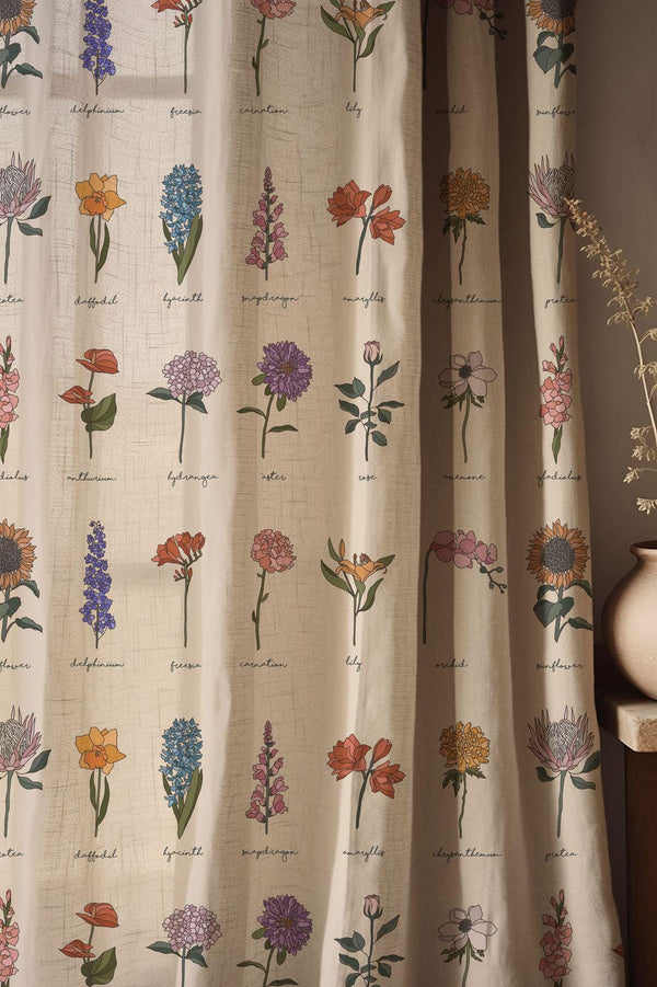 Botanical Linen Curtain: Colorful Floral Print Window Covering