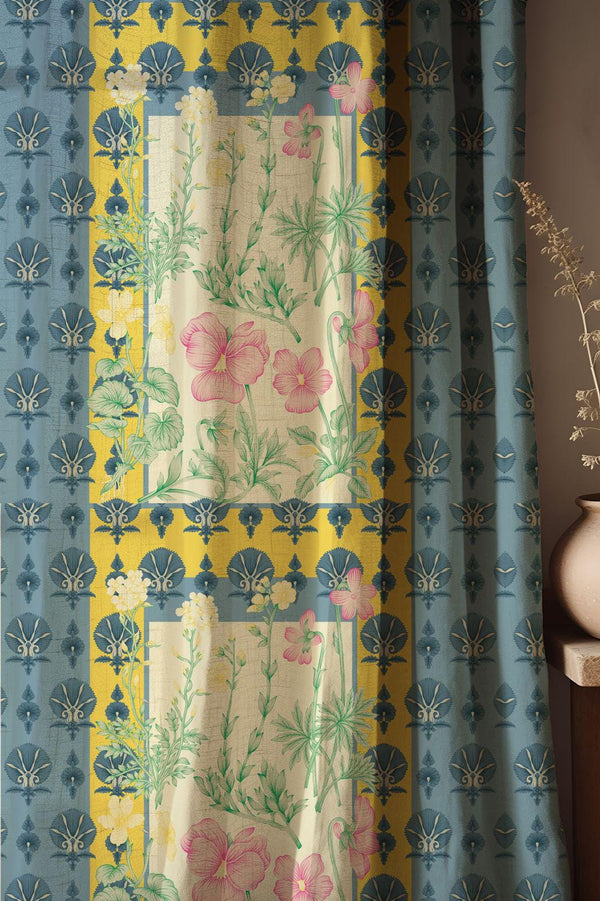 Vintage Botanical Linen Curtain: Blue & Yellow Floral Frame Print