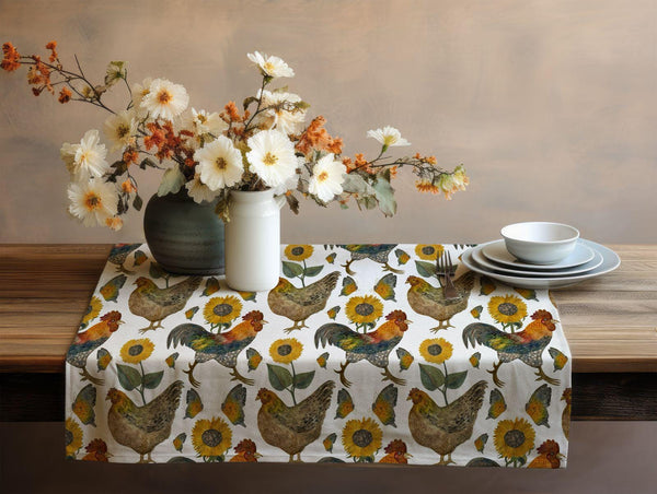 Farmhouse Rooster Velvet Table Runner – Rustic Country Dining Decor with Chickens & Sunflowers