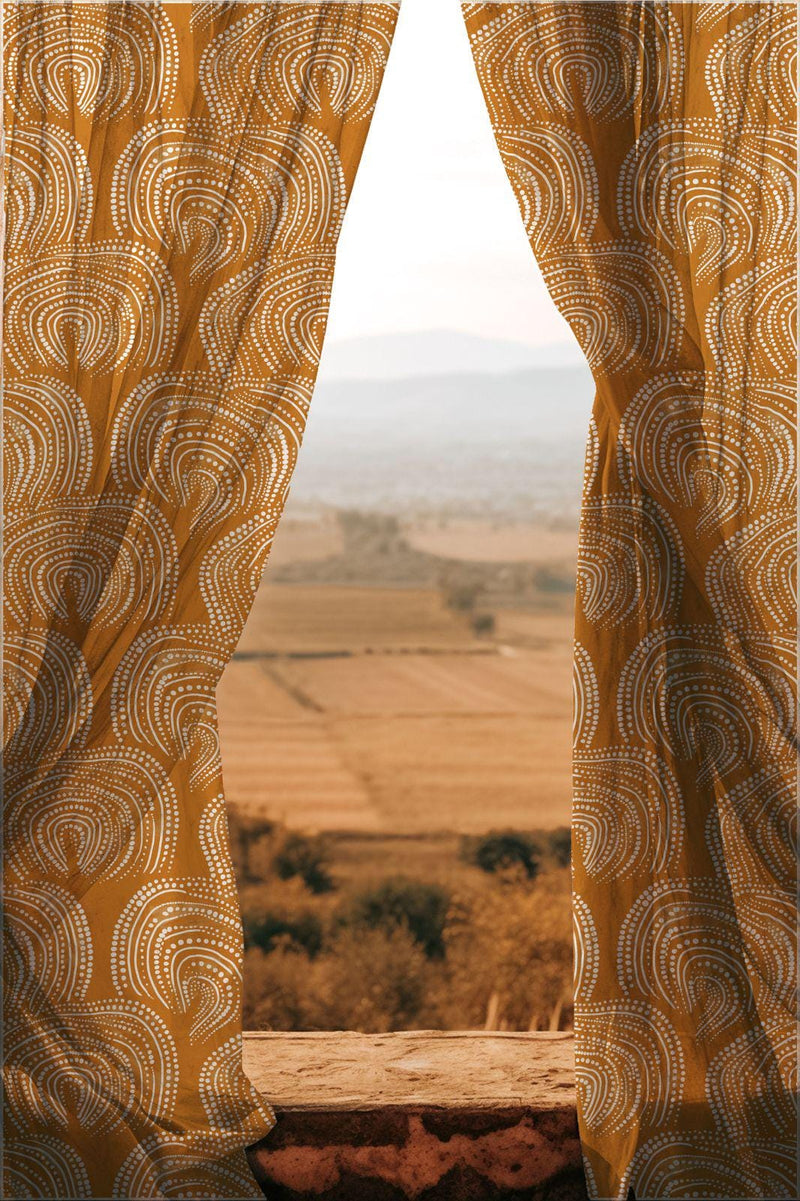 Sheer Mustard Curtain Panel: White Tribal Dot Print, Light Filtering