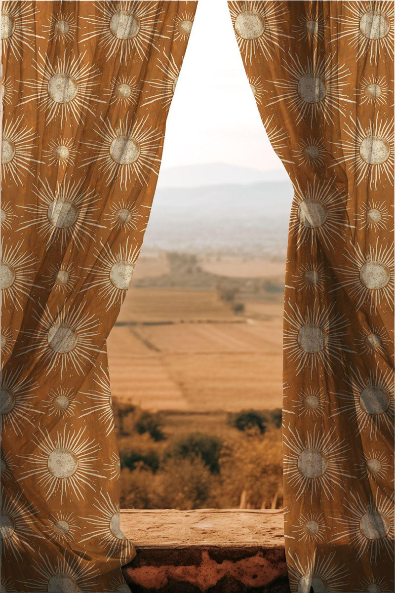 Sheer Boho Curtain Panel: Vintage Sun Print, Golden Ochre Light Drapes