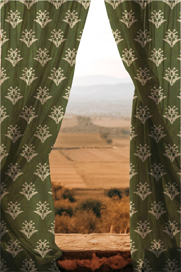 Olive Green Sheer Curtain Panel: Vintage White Floral Print, Light Filtering