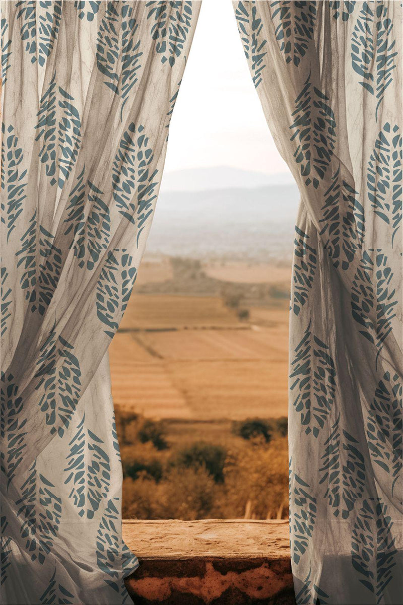 Ocean Blue Leaf Sheer Curtain: Botanical Print, Light Filtering