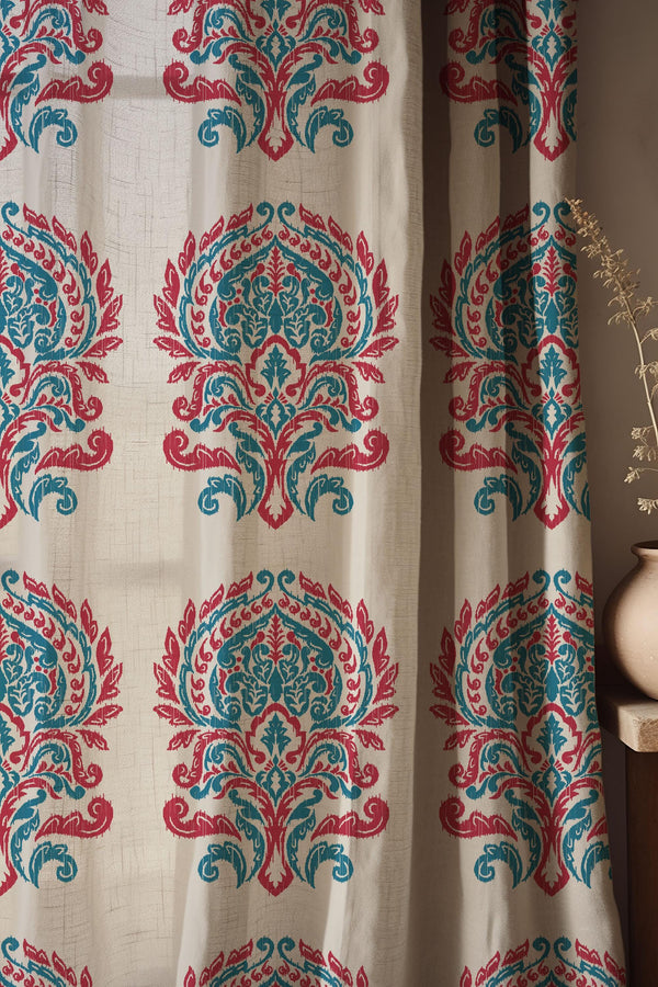Boho Floral Curtain Panel: Cotton Linen Damask Print, Rustic Farmhouse Drapery
