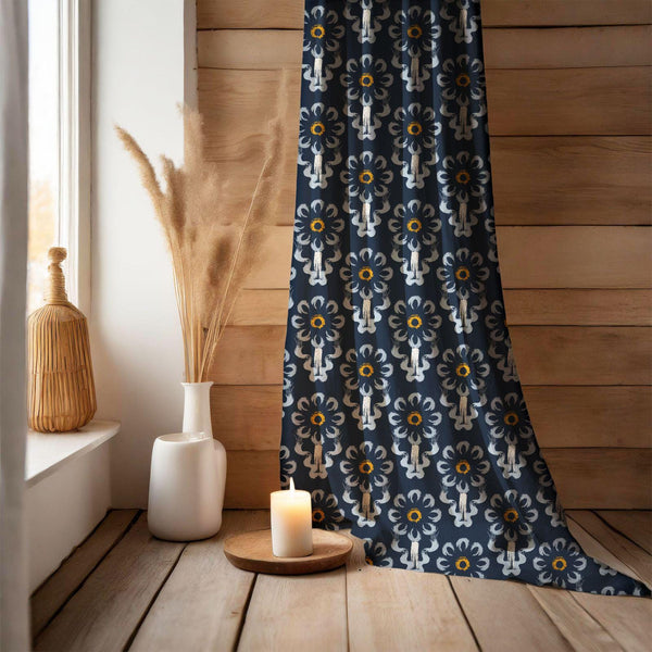 Navy Ikat Linen Curtain: Hand-Painted Style Boho Window Panel