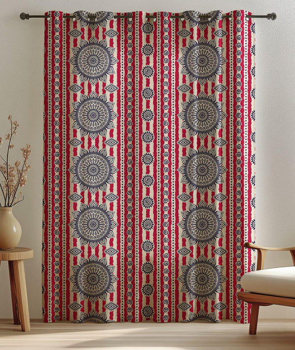 Mandala Stripe Linen Curtain: Boho Red & Navy Window Panel
