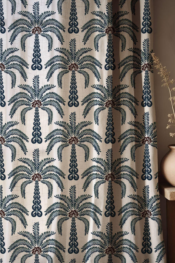 Tropical Palm Tree Linen Curtain: Coastal Boho Window Panel