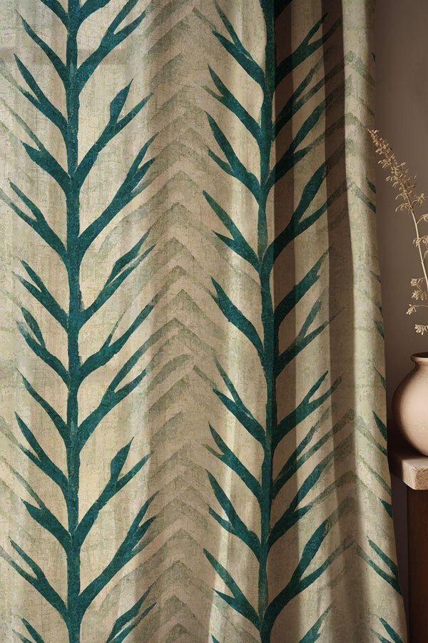 Green Leaf Linen Curtain: Botanical Print, Rustic Window Panel