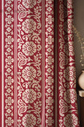Red Floral Block Print Linen Curtain: Boho Indian Stripe Drapery - Image 1
