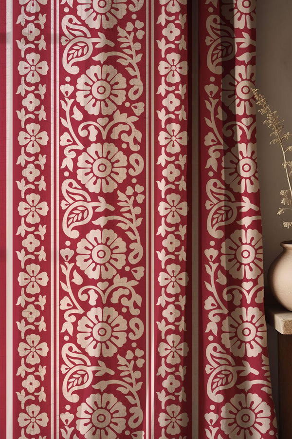 Red Floral Block Print Linen Curtain: Boho Indian Stripe Drapery