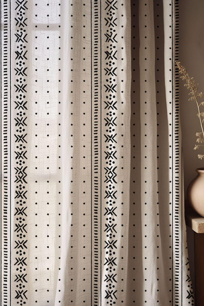Mudcloth Linen Curtain: Black and White Boho Window Panel