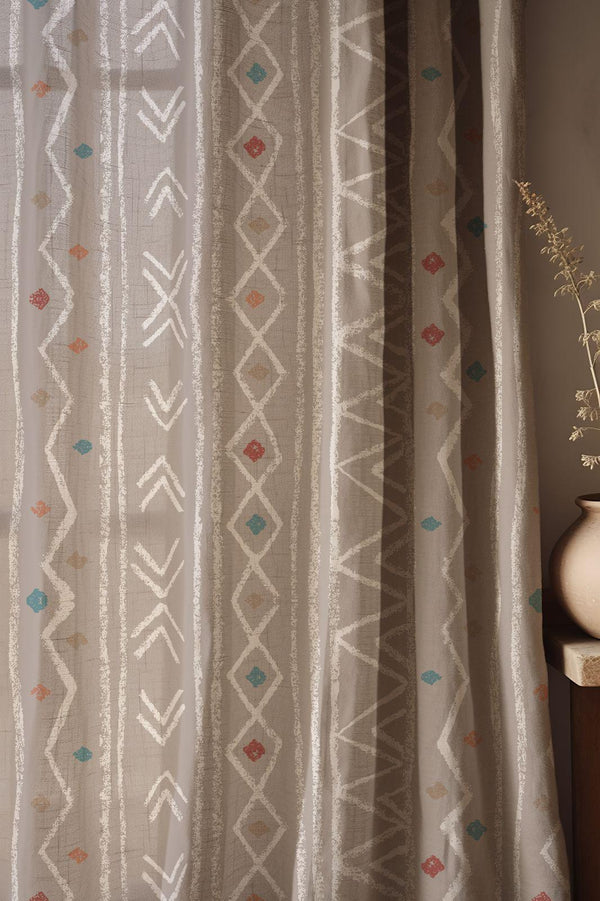 Tribal Linen Curtain: Beige Mudcloth-Inspired Boho Drapery
