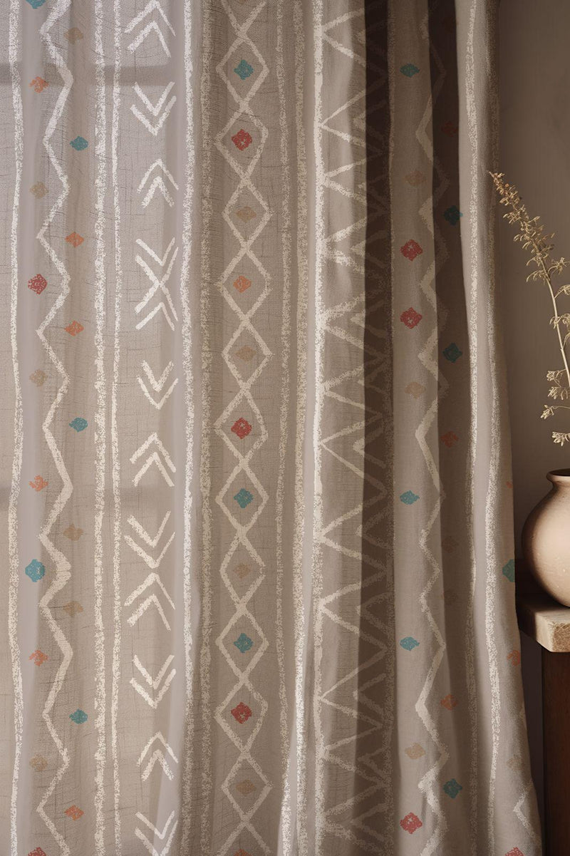 Tribal Linen Curtain: Beige Mudcloth-Inspired Boho Drapery