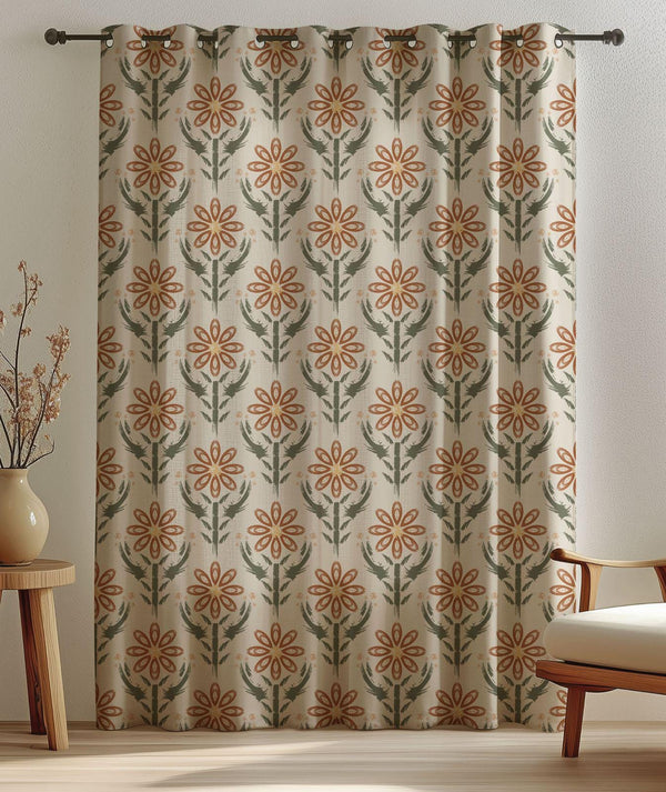Terracotta Floral Linen Curtain: Handpainted Botanical Boho Drapery