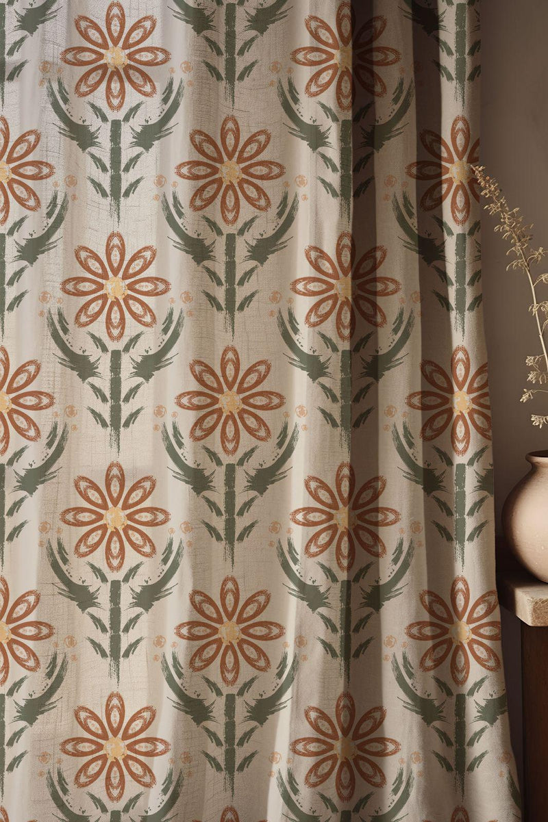 Terracotta Floral Linen Curtain: Handpainted Botanical Boho Drapery