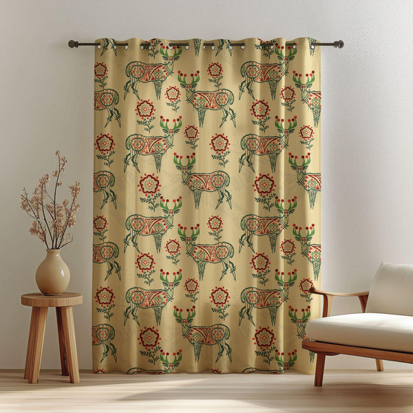 Tribal Deer Print Linen Curtain: Boho Folk Floral Window Panel