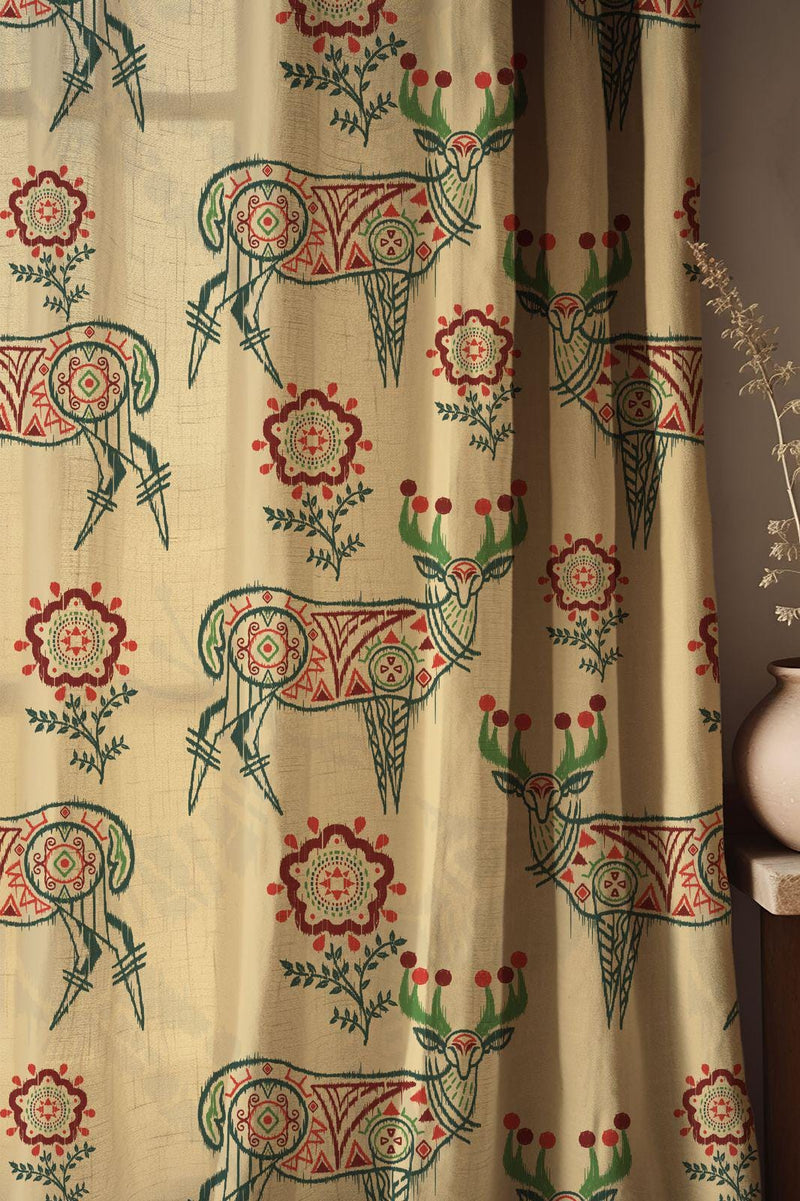 Tribal Deer Print Linen Curtain: Boho Folk Floral Window Panel