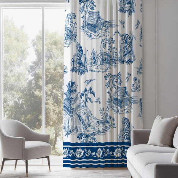 Blue Toile Curtain: French Country Chinoiserie  Blend Drapes