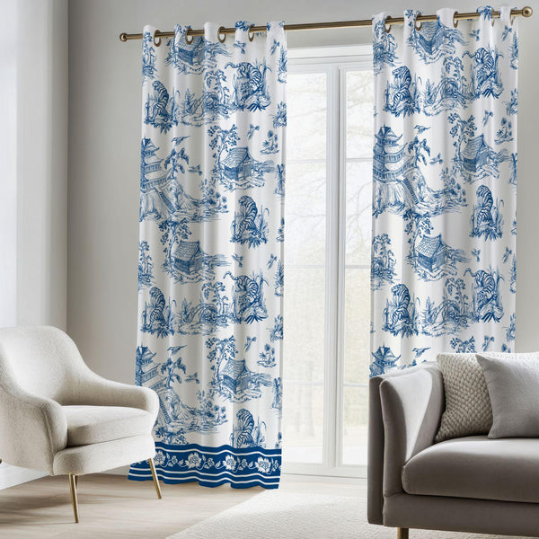 Blue Toile Curtain: French Country Chinoiserie  Blend Drapes