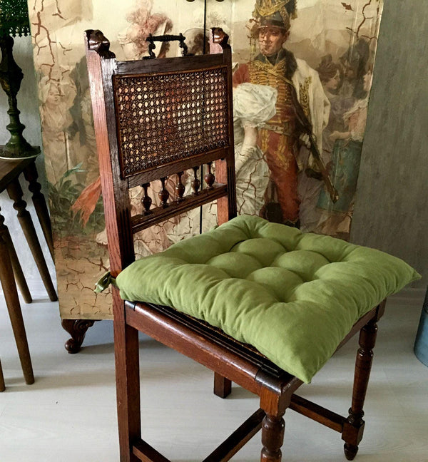 Tufted Linen Chair Cushion: Farmhouse Striped Seat Pad with Ties