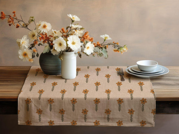 Minimalist Floral Velvet Table Runner – Modern Beige Dining Decor with Simple Brown Flower Pattern