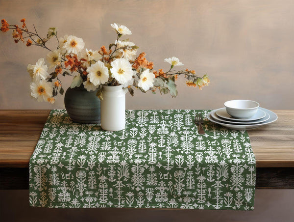 Botanical Green Velvet Table Runner – Rustic Dining Table Decor with White Wildflower Pattern