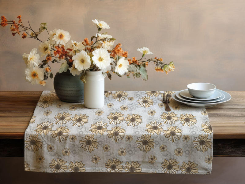 Daisy Velvet Table Runner: Beige Floral Print Dining Decor