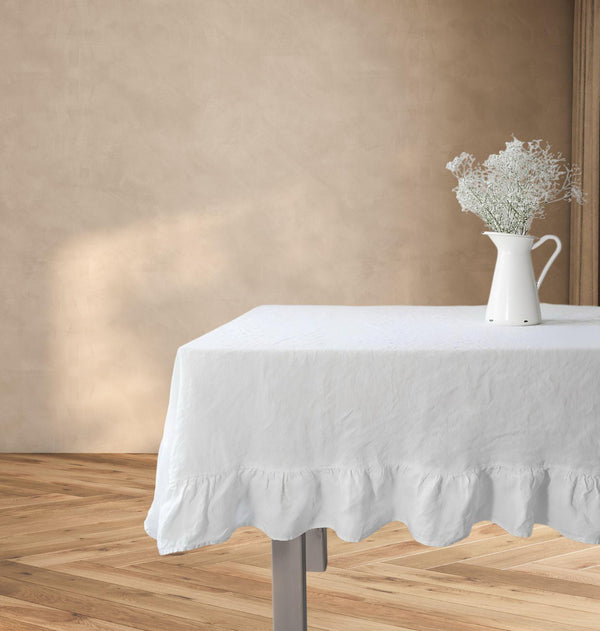 Ruffle Edge Cotton Linen Tablecloth: Farmhouse Rustic Dining Cover