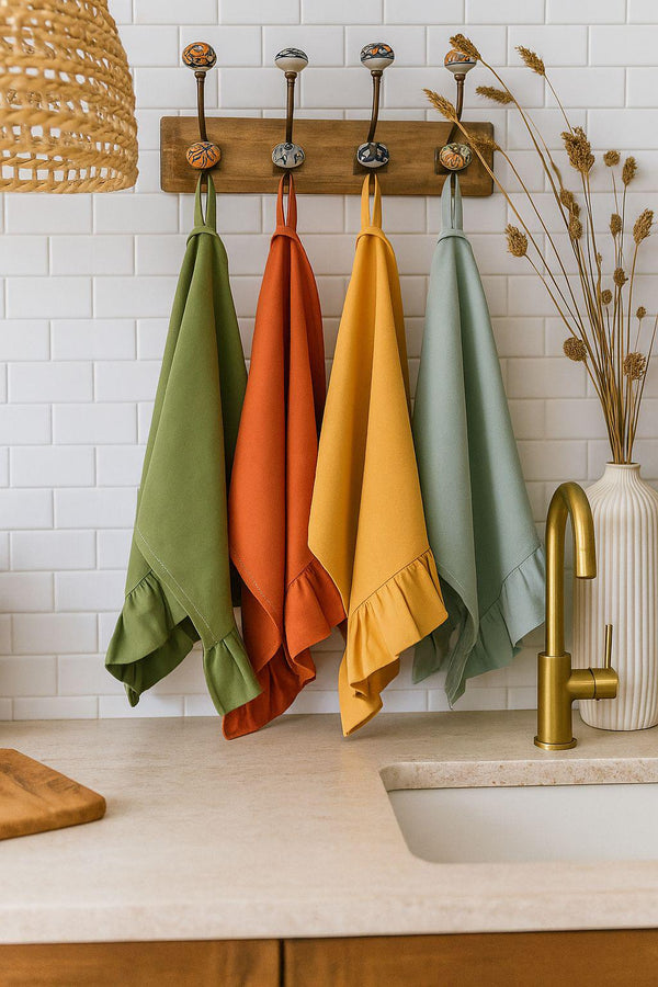 Rustic Cotton Kitchen Towels: Ruffled Autumn Tea Towel