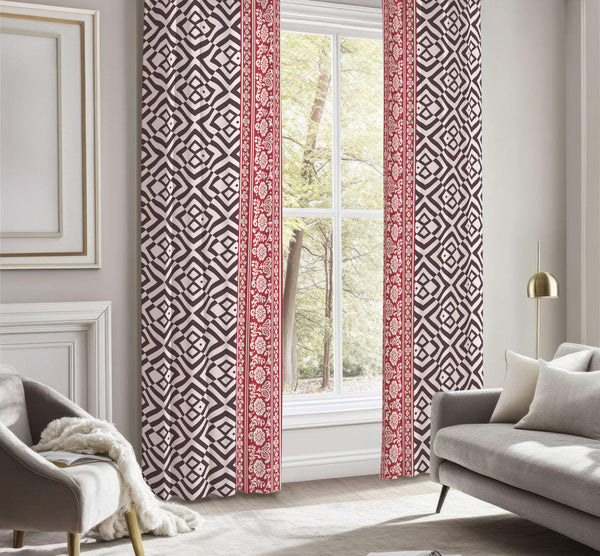 Geometric Boho Curtain: Black & Red Tribal Window Panel