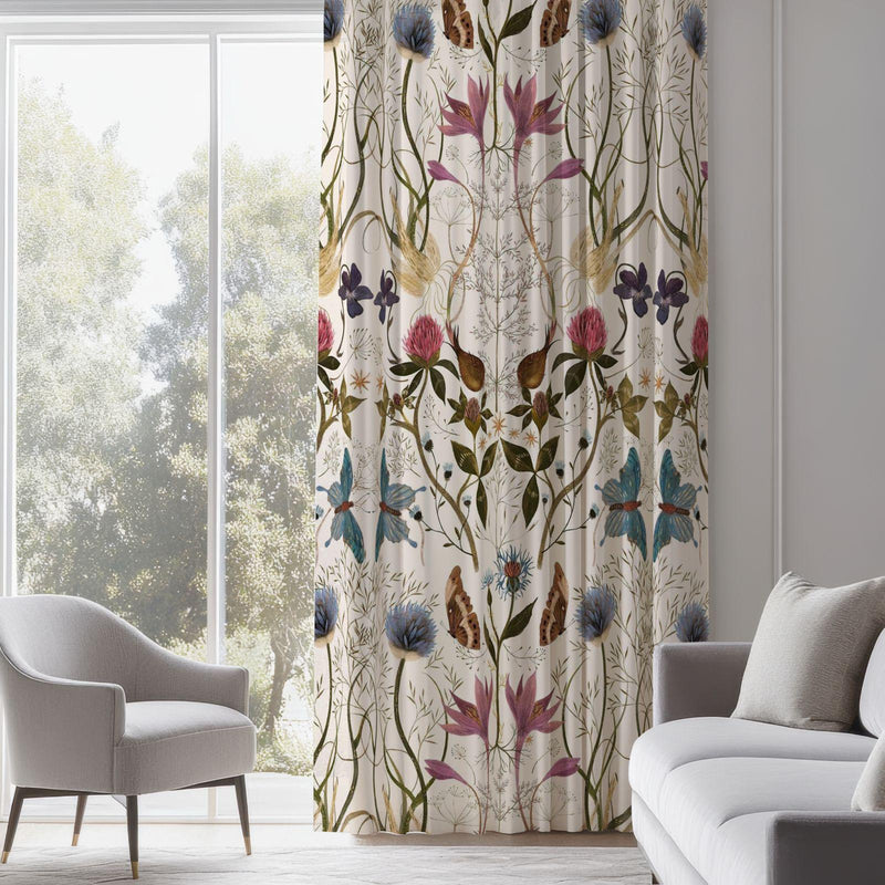 Botanical Butterfly Curtain: Vintage Floral  Window Panel