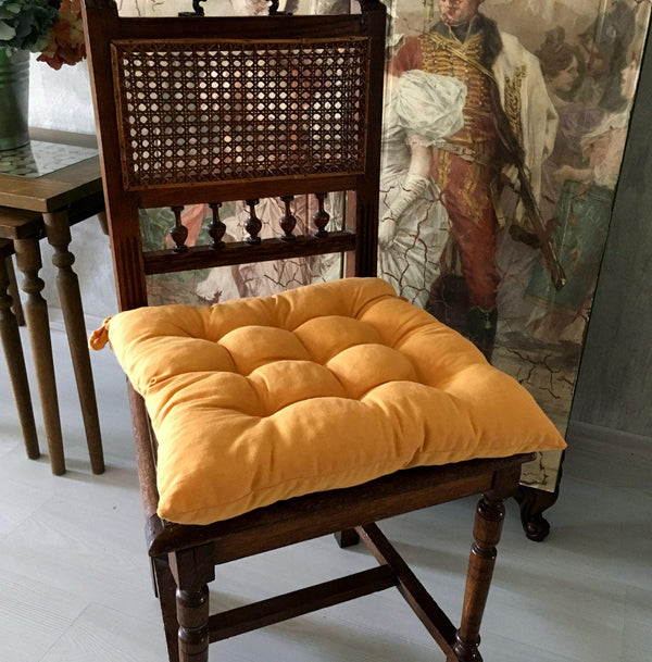 Tufted Linen Chair Cushion: Farmhouse Striped Seat Pad with Ties
