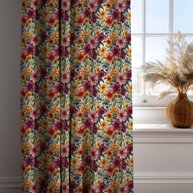 Colorful Cotton Linen Floral Curtain – Vibrant Botanical Drapery Panel for Living Room or Bedroom