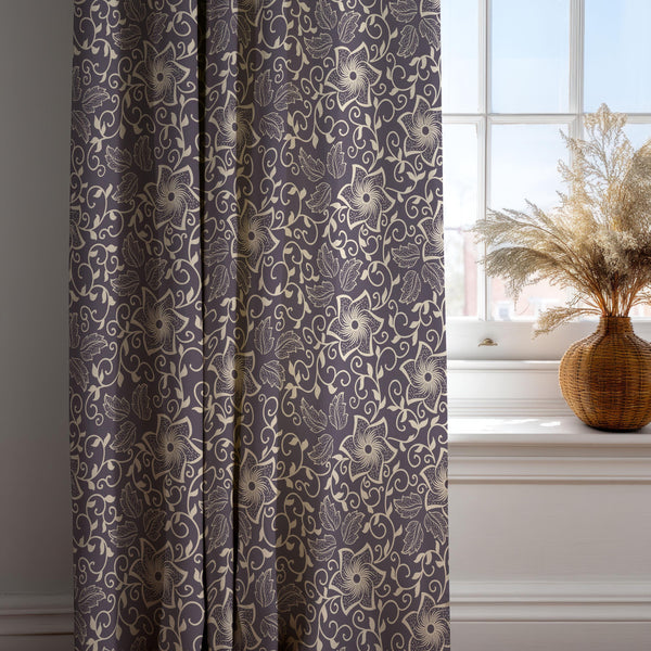 Purple Gold Floral Curtain Panel: Cotton Linen Blend Drapery
