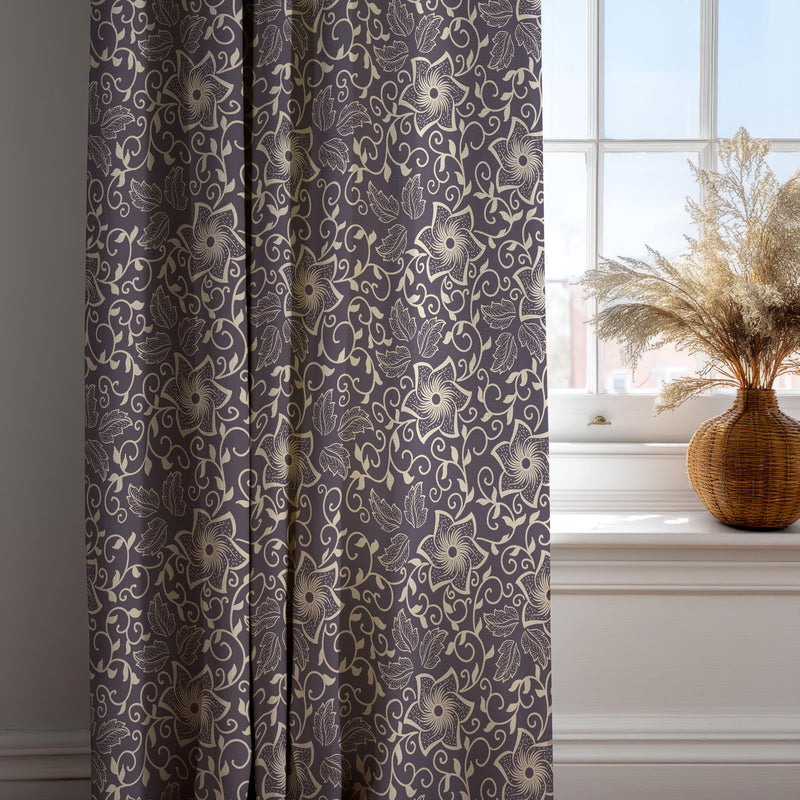 Purple Gold Floral Curtain Panel: Cotton Linen Blend Drapery