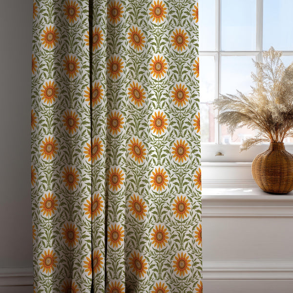 Sunflower Cotton Linen Curtain: Botanical Yellow Green Drapery Panel