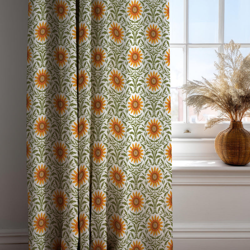 Sunflower Cotton Linen Curtain: Botanical Yellow Green Drapery Panel