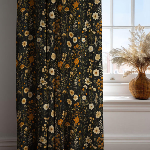 Black Wildflower Linen Curtain – Botanical Cottagecore Floral Drape for Natural Home Decor