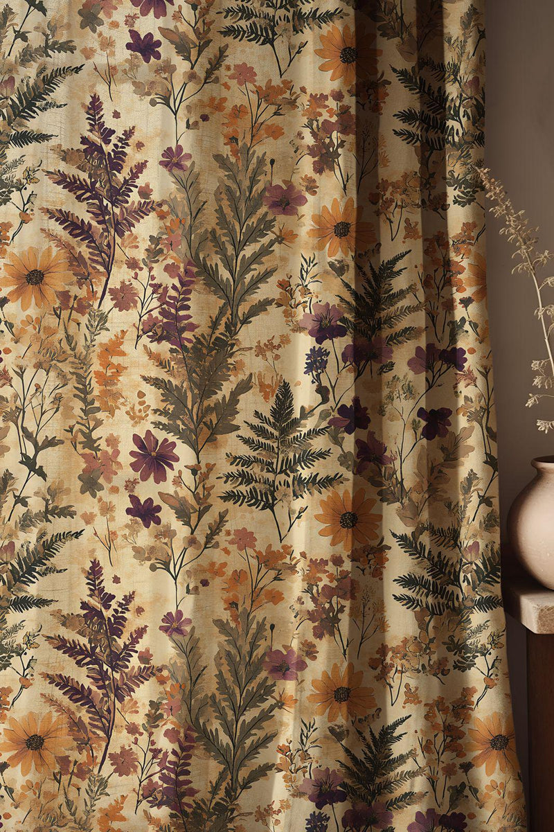 Mustard Floral Linen Curtain – Wild Meadow Yellow Flower Drape for Farmhouse Window Decor