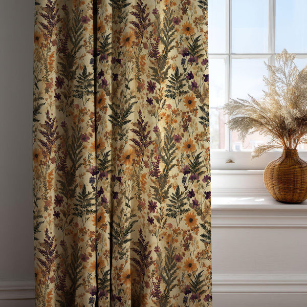 Mustard Floral Linen Curtain – Wild Meadow Yellow Flower Drape for Farmhouse Window Decor